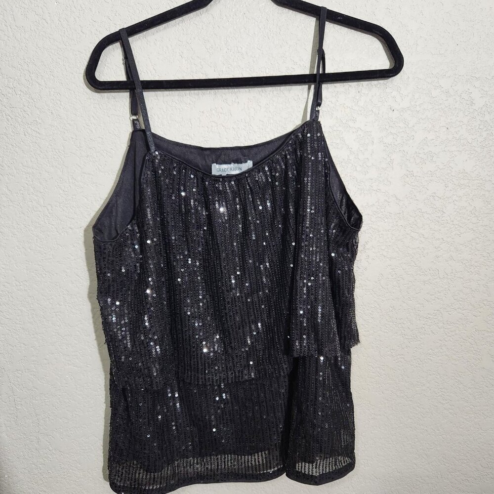 Grace Karin Sequin Cami Top Womens Medium Black Adjustable Spaghetti Straps